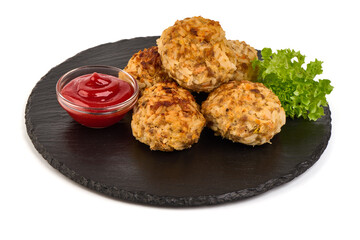 Baked pork meatballs with tomato sauce, isolated on white background