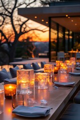 Family gathers for a garden event in a modern setting with light materials, indirect lighting, and minimalist icy accents. 