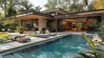 Fototapeta premium Family revels in a garden party at a contemporary retreat with aquatic touches, light furniture, and soothing ambiance. 