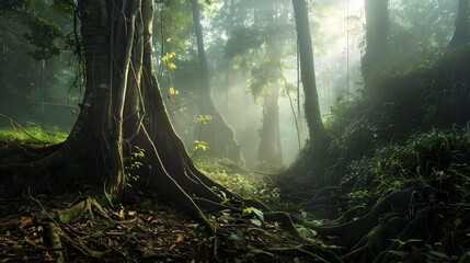 Misty forest bathed in ethereal light