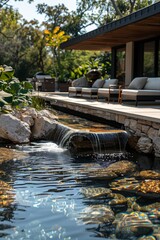 Gathering in a serene garden setting at a modern retreat featuring aquatic elements, light furnishings, and soothing ambiance.