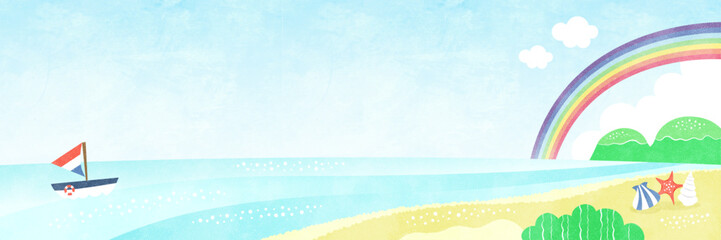 のんびりした夏の海の風景 虹のかかるビーチの水彩バナー背景