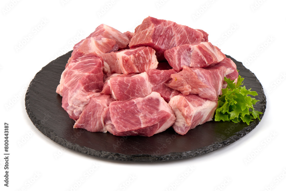 Sticker Raw pork pieces, isolated on white background. High resolution image