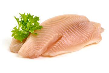 Tilapia fish fillet, isolated on white background
