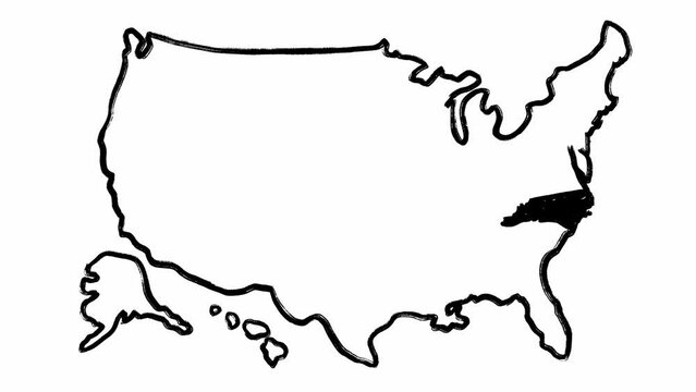 Full stack of animated maps of America and North Carolina made in black scribble style. Isolated view of the USA and one state borders with written names on theme filmed against white background