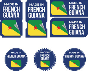 Made in French Guiana, vector logos with French Guiana flag painted circles and stripe