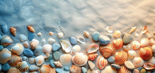 Seashells Scattered on Sandy Beach. Generative AI