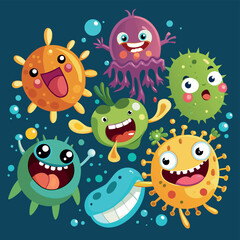 Obraz premium Bacteria, microbes, germs, viruses, cartoon characters in various positions and attitudes