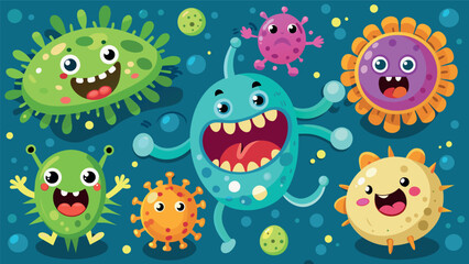Bacteria, microbes, germs, viruses, cartoon characters in various positions and attitudes-
