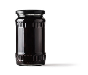 Glass bottle Jar with blackberry jam on white background, studio Photo 