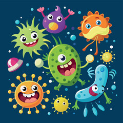 Bacteria, microbes, germs, viruses, cartoon characters in various positions and attitudes-