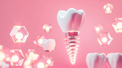 Digital dental implant surrounded by glowing hexagons symbolizing advanced innovative technologies in dentistry medicine, pink background. Concept of dental treatment prosthetics, implantology