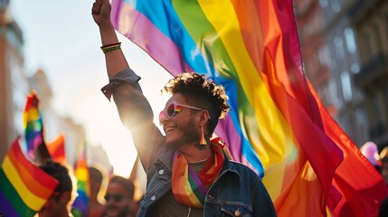 man holding rainbow flag 