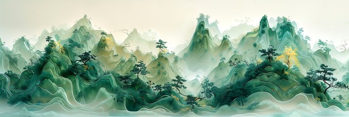 Greenish Mountain Concept: Tree-Shaped Sculpture Style, Focus Stacking, Chinese Iconography, Yellow & Aquamarine, Translucent Layers, Aerial View - obrazy, fototapety, plakaty