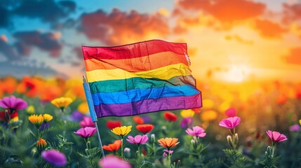 Waving LGBT flag on flower field background