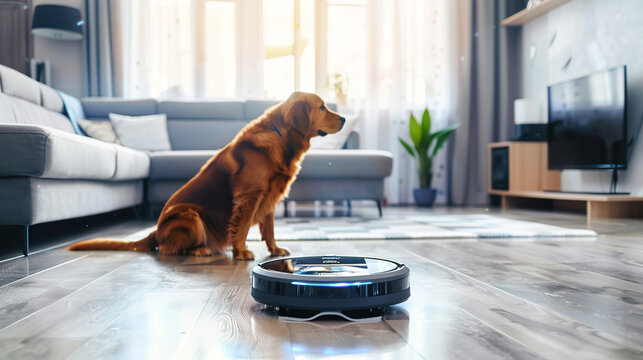 A dog sits next to robot vacuum cleaner on wooden floor in living room, highlighting interaction between pets and smart home devices. Concept of cleaning, cleanliness and hygiene in modern home