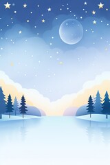 A beautiful winter landscape with a frozen lake, snow-covered trees, and a full moon. The sky is a deep blue and the stars are twinkling brightly. The scene is peaceful and serene.