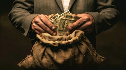 A Businessman carrying a bag containing a wad of money in dollar denominations
