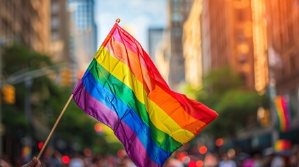 Waving LGBT flag against the background of the crowd