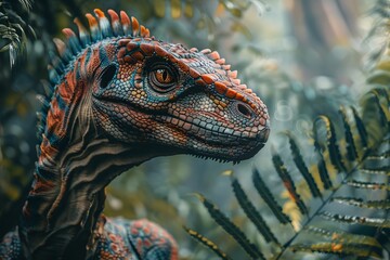 Fototapeta premium Witness the awe-inspiring sight of a Velociraptor adorned in customized armor, showcasing its intelligence as it navigates the dense foliage of a primeval forest, a scene blending prehistoric power 