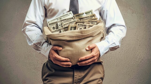 A Businessman carrying a bag containing a wad of money in dollar denominations