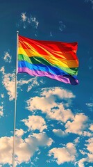 Waving LGBT flag on sky background