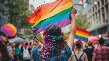 back view of woman holding rainbow flag
