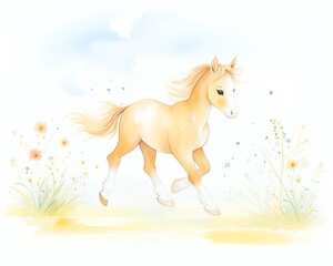 A beautiful watercolor painting of a palomino foal galloping through a field of flowers