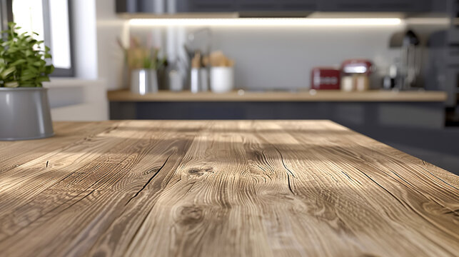 Wooden light empty countertop on the background of a modern dark gray kitchen, kitchen panel with accessories in the interior. Scene showcase template for promotional items, banner, copy space