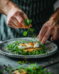 Adding herbs to food on plate for extra flavor and nutrition