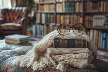 Cozy reading nook with books and glasses