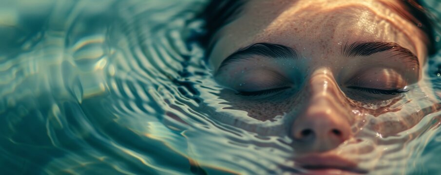 Close-up of a woman's face submerged in water
