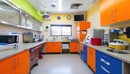 A kitchen with orange and blue cabinetry, sink, and flooring