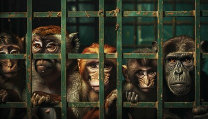 A group of chimpanzees locked in a metal cage in a laboratory - Powered by Adobe