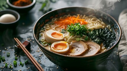 Steaming bowl of ramen with toppings and chopsticks