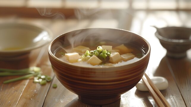 Steaming bowl of miso soup with tofu and green onions