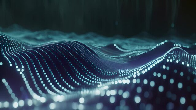 An abstract computer-generated Video showcasing a mesmerizing wave of vibrant blue lights, A binary code background with waves effect