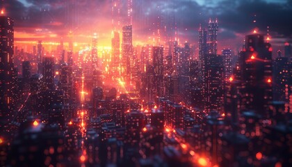 Obraz premium Digital Help Desk Hub, bustling digital hub resembling a futuristic cityscape, with skyscrapers representing various support functions like ticketing, knowledge base, live chat, 