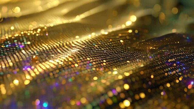 This close-up photo captures the mesmerizing details of a glistening, reflective surface, A binary code pattern with metallic sheen