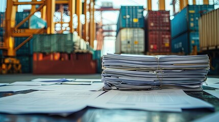 Pile of Shipping Documents at Port
Description: Stack of trade documents with shipping containers backdrop.