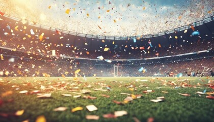 'the confetti. soccer stadium confetti football team goal championship light grass cup spotlight sport game shiny green ground competition field fan arena celebration illuminate'