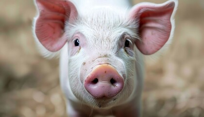 Fototapeta premium Close up of a domestic pig with pink ears in a grassy landscape