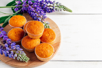 Freshly baked muffins and purple lupins on white wooden background. Homemade baking, preparing sweet dessert. Summer recipe. Copy space.