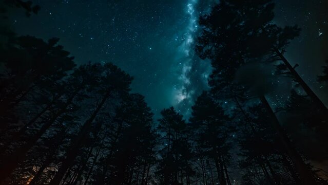 Capture the enchanting beauty of a peaceful night, as twinkling stars and towering trees create a mesmerizing backdrop, A blanket of stars over a darkened forest