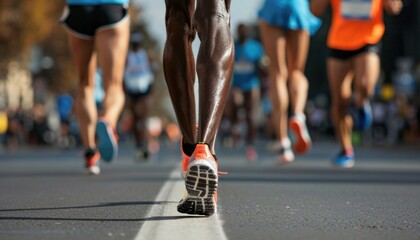 Athletes in active shorts and sportswear are running a marathon on the city road