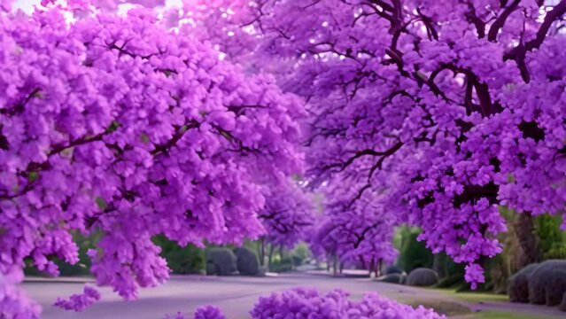 A peaceful city street adorned with an abundance of trees and vibrant purple flowers, A boulevard lined with jacaranda flowering trees in a city park
