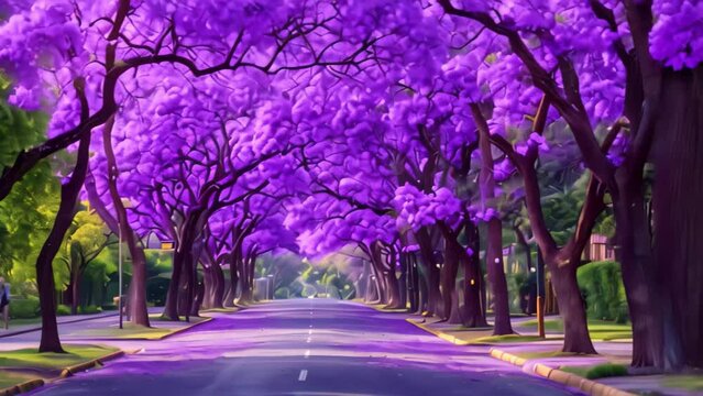 Capture the vibrant beauty of a street lined with majestic trees showcasing stunning purple flowers in full bloom, A boulevard lined with jacaranda flowering trees in a city park