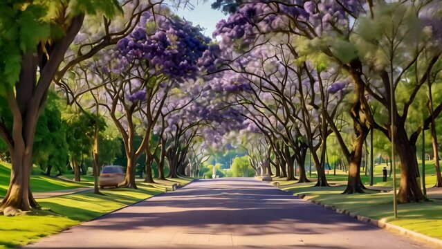 A tranquil street adorned with lush trees that are in full bloom with beautiful purple flowers, A boulevard lined with jacaranda flowering trees in a city park