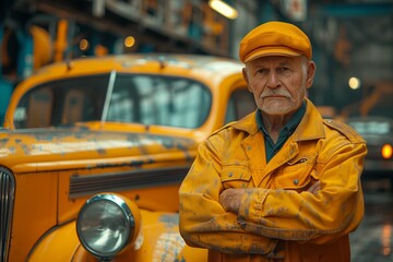 Elderly man in yellow with vintage taxi