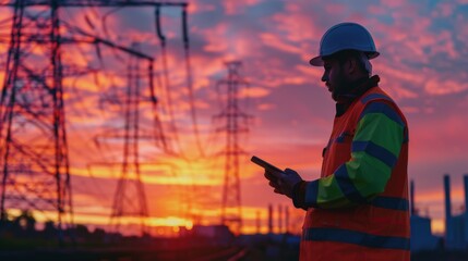 Engineer Inspecting Power Lines at Sunset